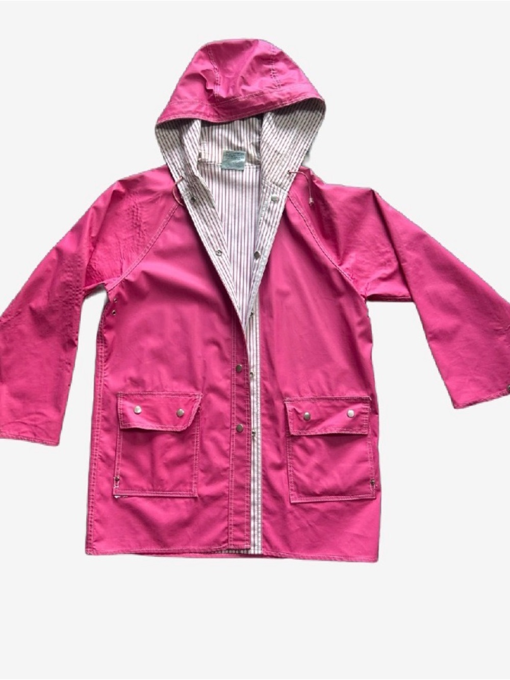 Vintage Hot Pink Hooded Rain Slicker Jacket with Striped Lining